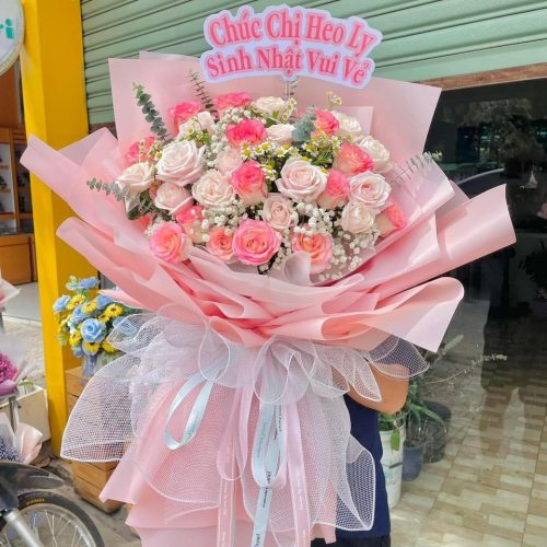 Hoa Bó Hồng Phấn Trắng Nơ Lưới Đà Nẵng